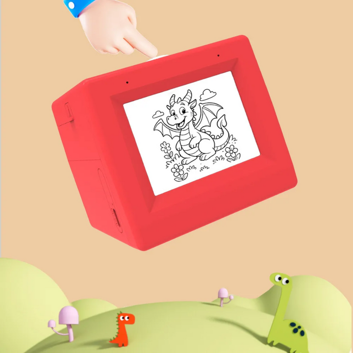 Hand lifting a red sticker printer with a dragon drawing on its screen