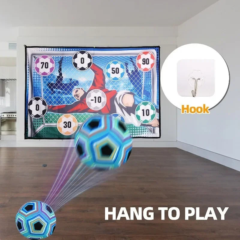 Wall-hanging soccer target with a blue ball in motion and a mounting hook shown in an inset