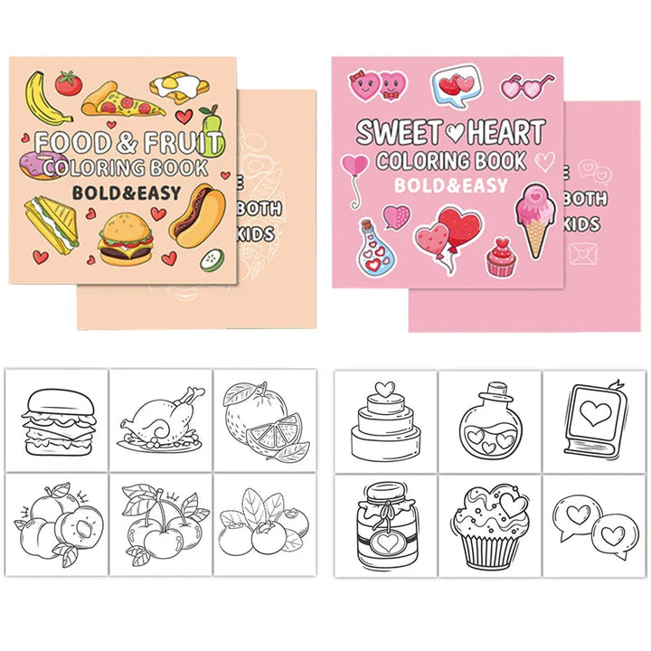 Love and Food &amp; Drink coloring book covers with sample heart, dessert, and food drawings