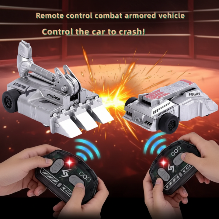 Two armored RC cars in a battle graphic with a handheld controller for each player