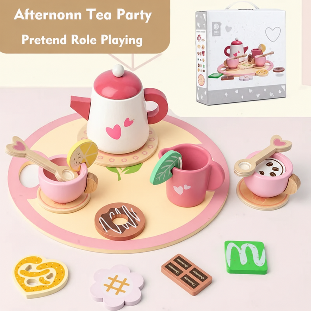 Pink heart-pattern wooden tea set with a teapot, cups, play treats, and matching box