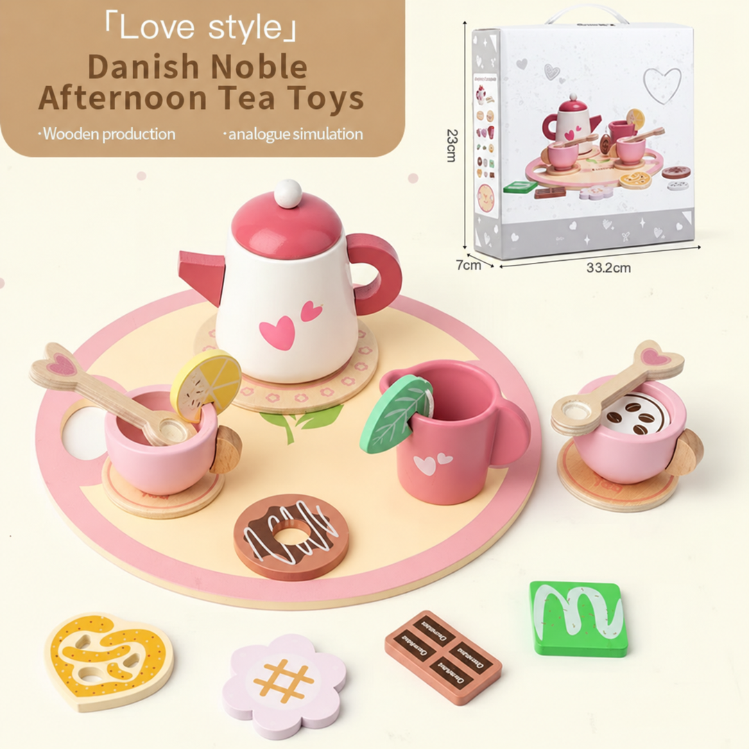 Hearts tea set with pink cups, pretend cookies, a round serving tray, and a carry-handle box