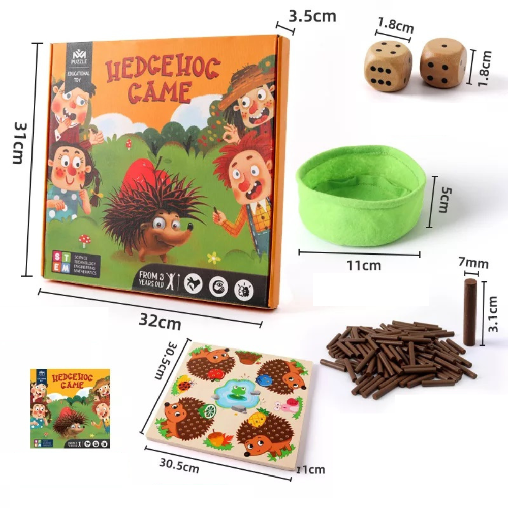 Measurement guide for the hedgehog game board, dice, counting sticks, fabric tray, and box