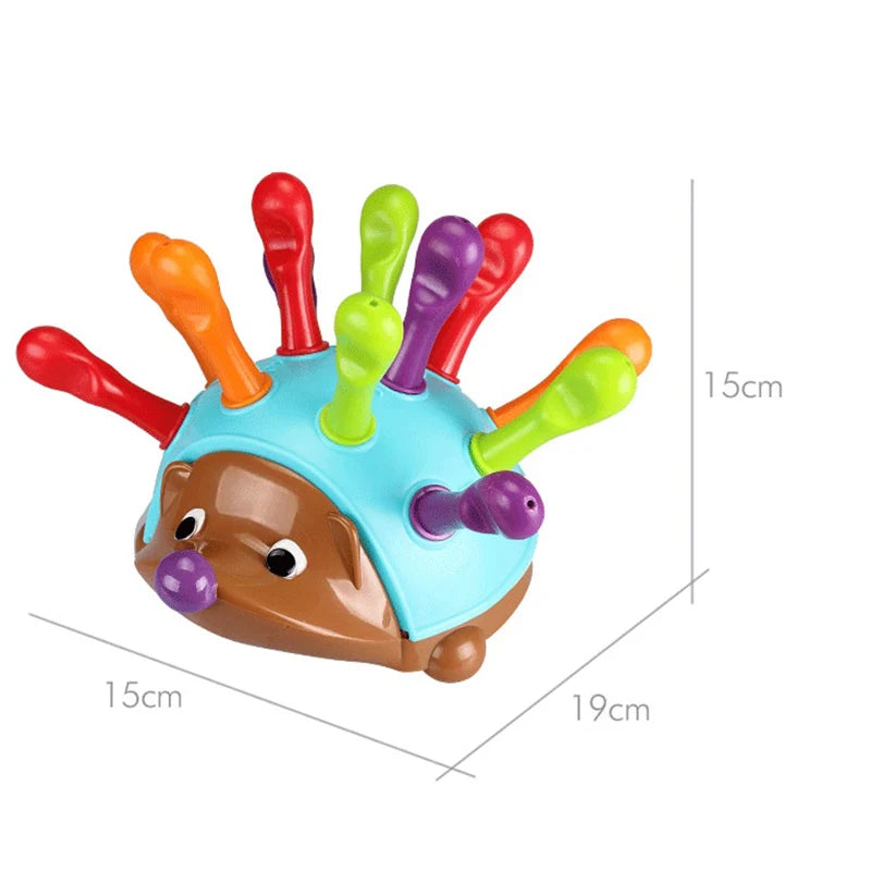 Hedgehog toy measurement graphic showing dimensions of 19 x 15 x 15 cm