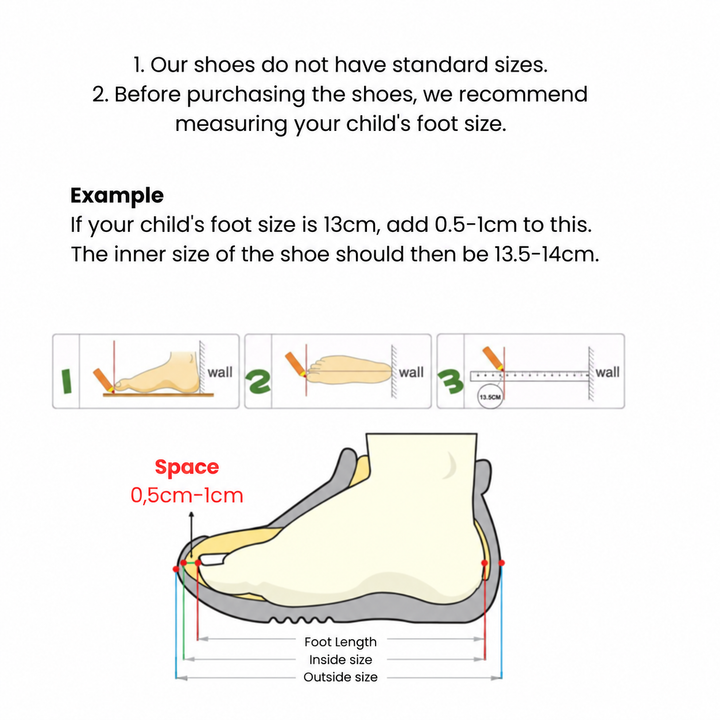 Foot measurement guide showing heel-to-wall measuring and 0.5–1 cm of room inside the shoe