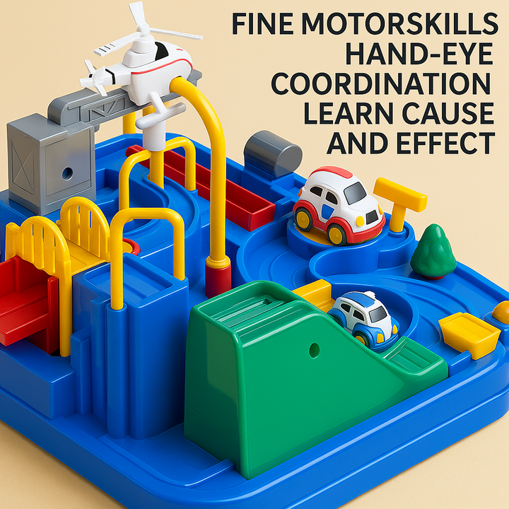 Blue car track with a helicopter, bridges, lifting controls, and miniature cars