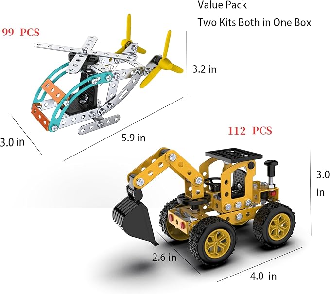 Measurement chart for a 99-piece helicopter and a 112-piece excavator building model