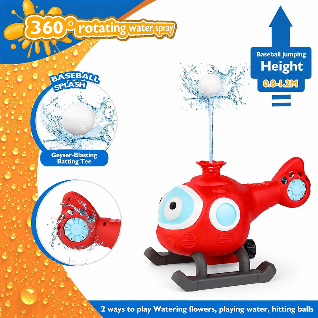 Red helicopter sprinkler with a water-jet batting tee, spray details, and a height diagram