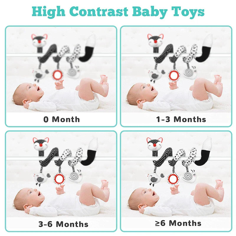 Four age panels showing babies beneath a high-contrast fox spiral activity toy.