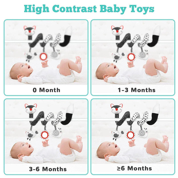 Four age panels showing babies beneath a high-contrast fox spiral activity toy.