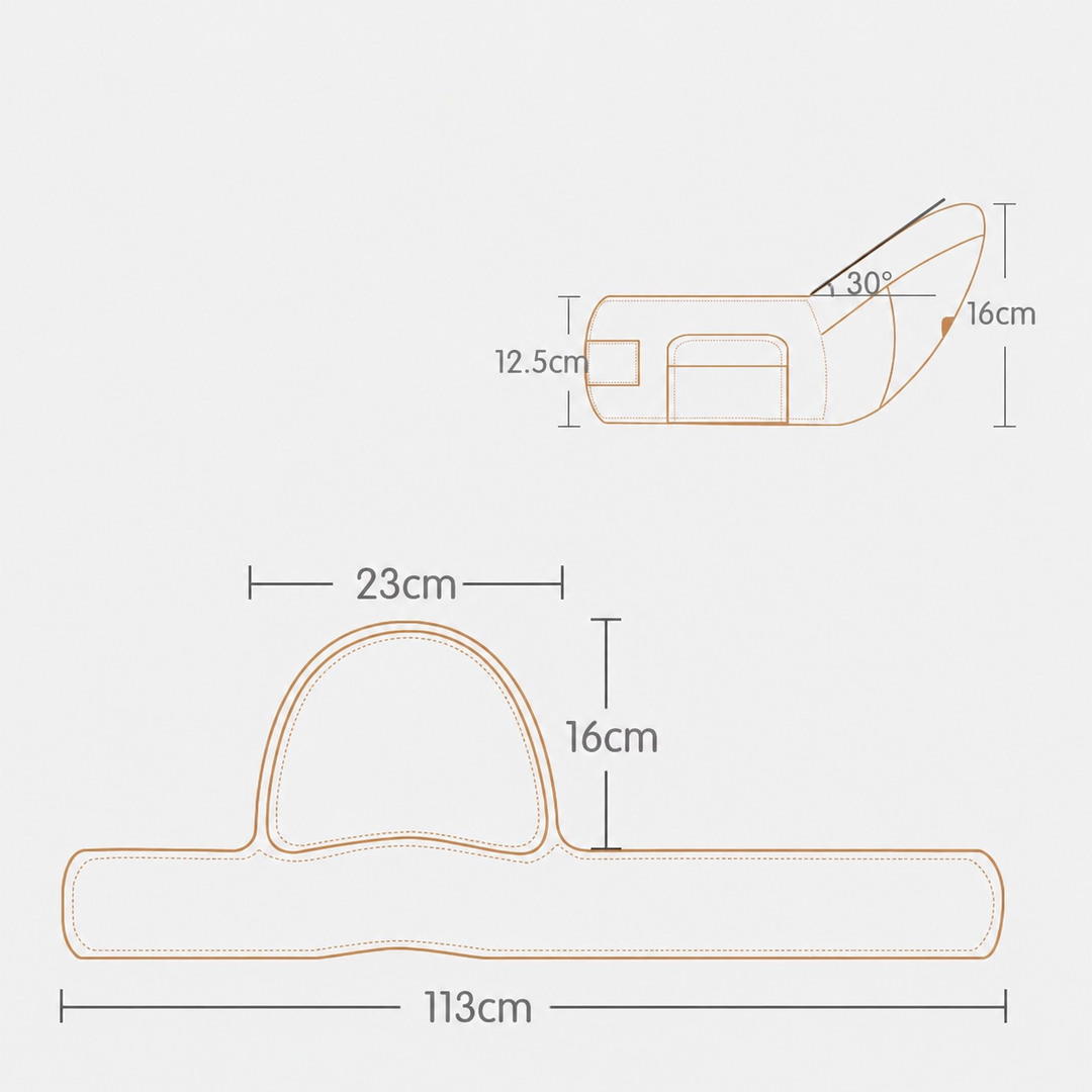 Hip carry seat measurement diagram showing the waist belt, seat height, and angled sitting surface