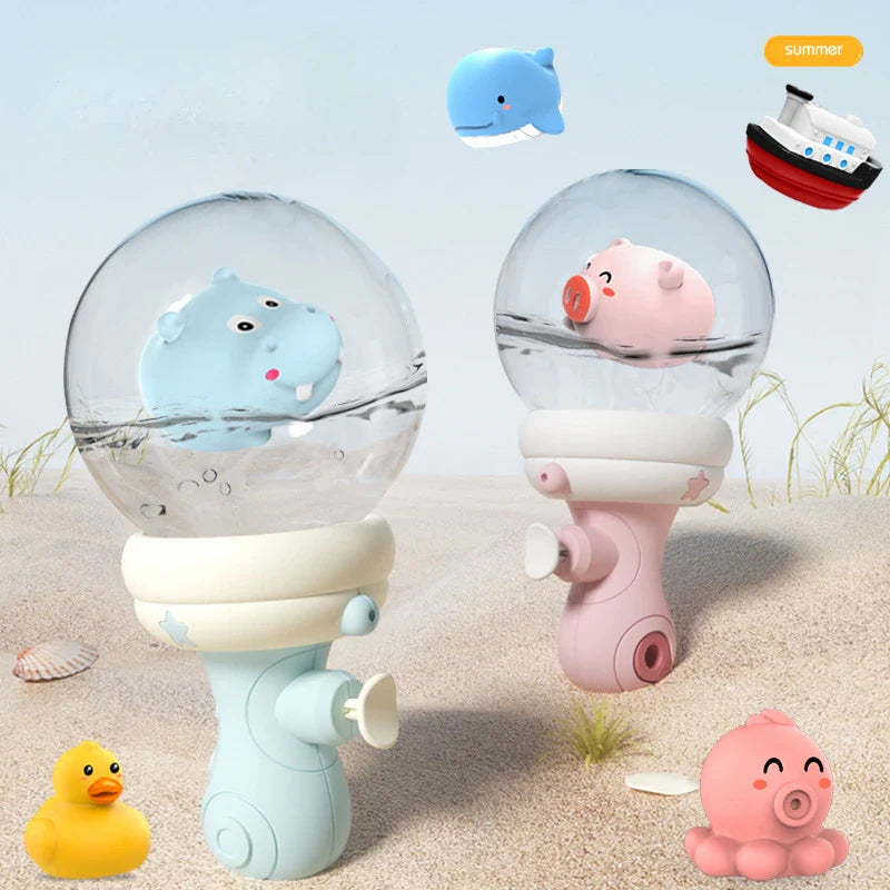 Blue hippo and pink pig water guns with additional character designs shown on a sandy background