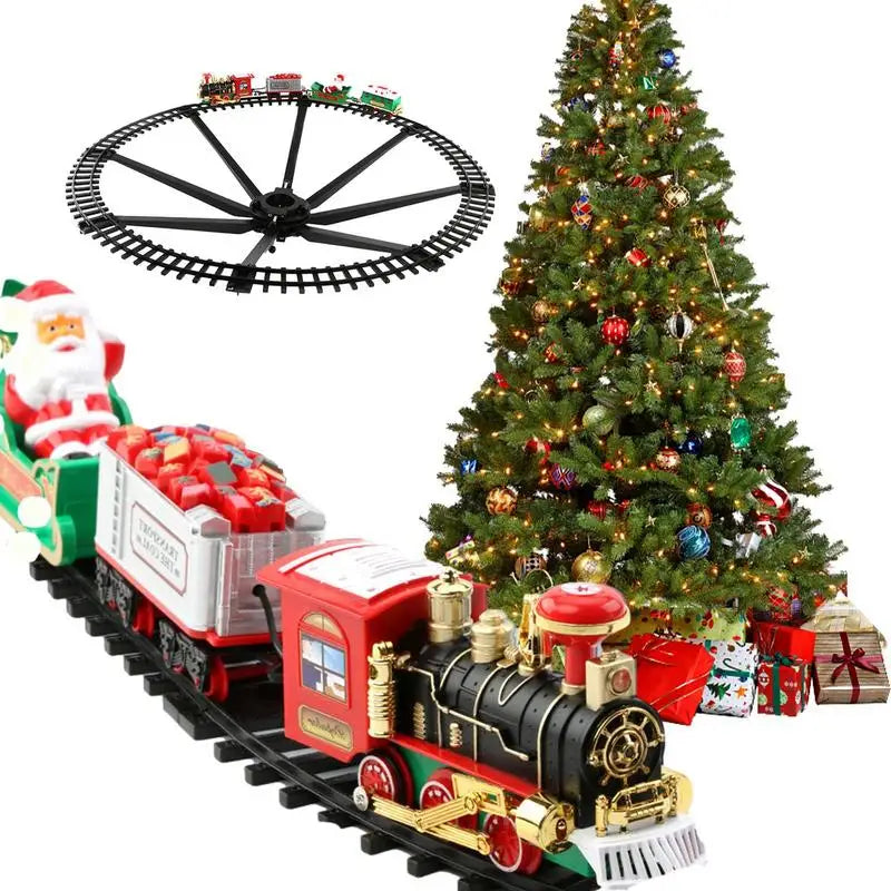 Red-and-gold toy train with Santa sleigh and circular track beside a decorated Christmas tree