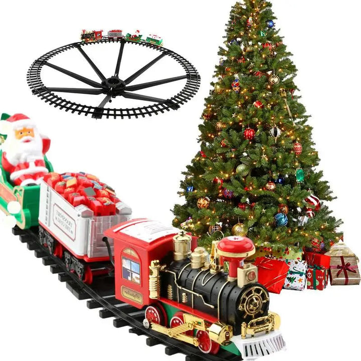 Red-and-gold toy train with Santa sleigh and circular track beside a decorated Christmas tree