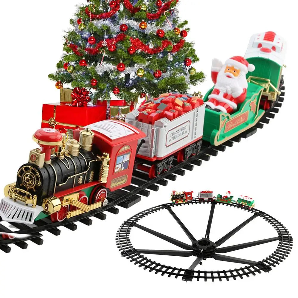 Festive toy train and circular track pictured beside a decorated Christmas tree