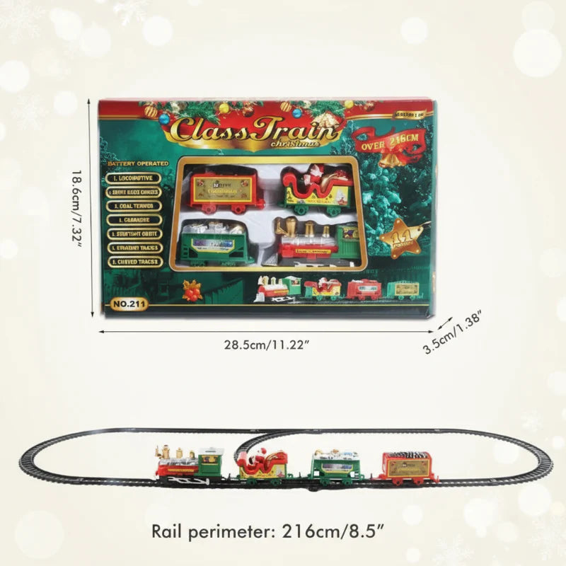 Christmas train packaging dimensions and an oval track labeled with a 216 cm perimeter.