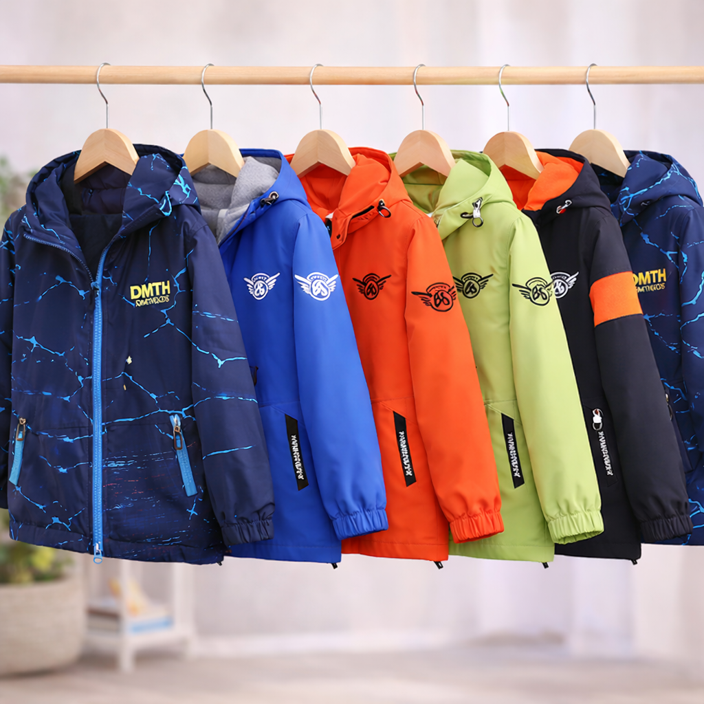 Hooded kids' jackets in blue, orange, green, and black hanging on a clothing rack.