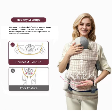 Parent wearing a houndstooth baby carrier beside diagrams of a baby&