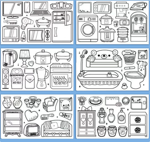 Six panels of household coloring outlines with appliances, furniture, and bathroom fixtures