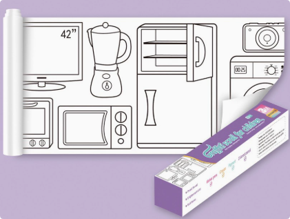 Household coloring roll with appliance outlines beside its purple box