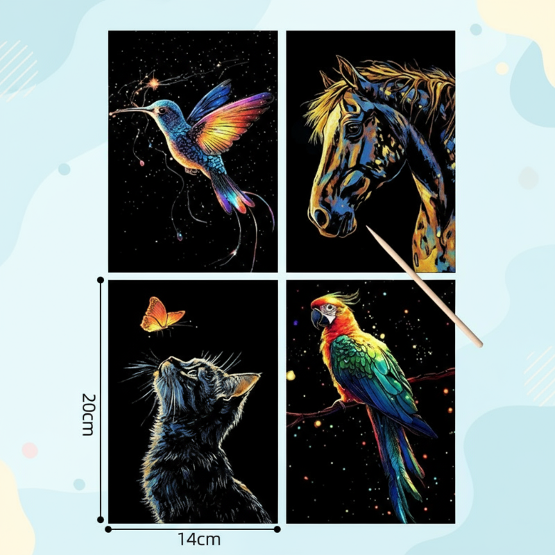 Animal scratch-card set featuring a hummingbird, horse, cat, and parrot