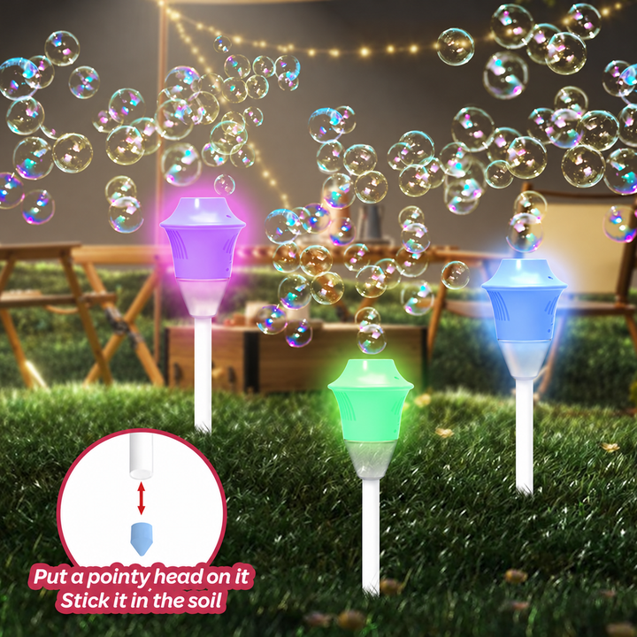 Bubble lamps glowing purple, green, and blue in a garden, with a close-up of the pointed pole attachment.