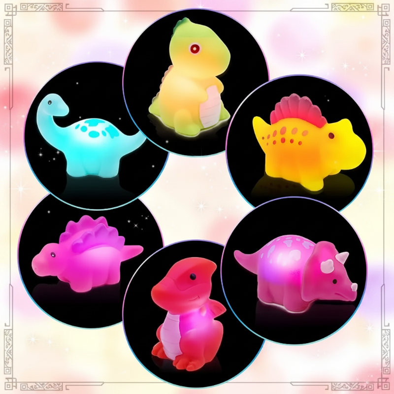 Six glowing dinosaur bath toys displayed in circular close-up views