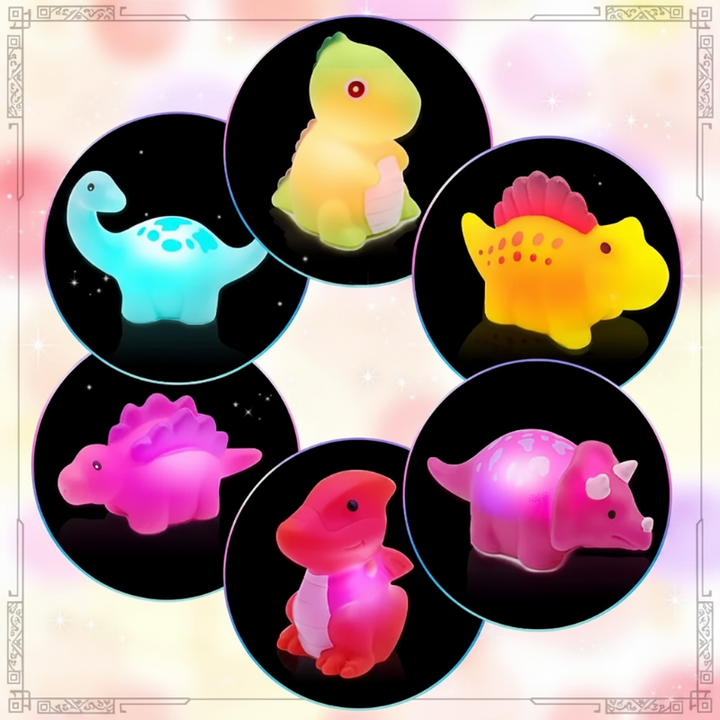 Six glowing dinosaur bath toys displayed in circular close-up views