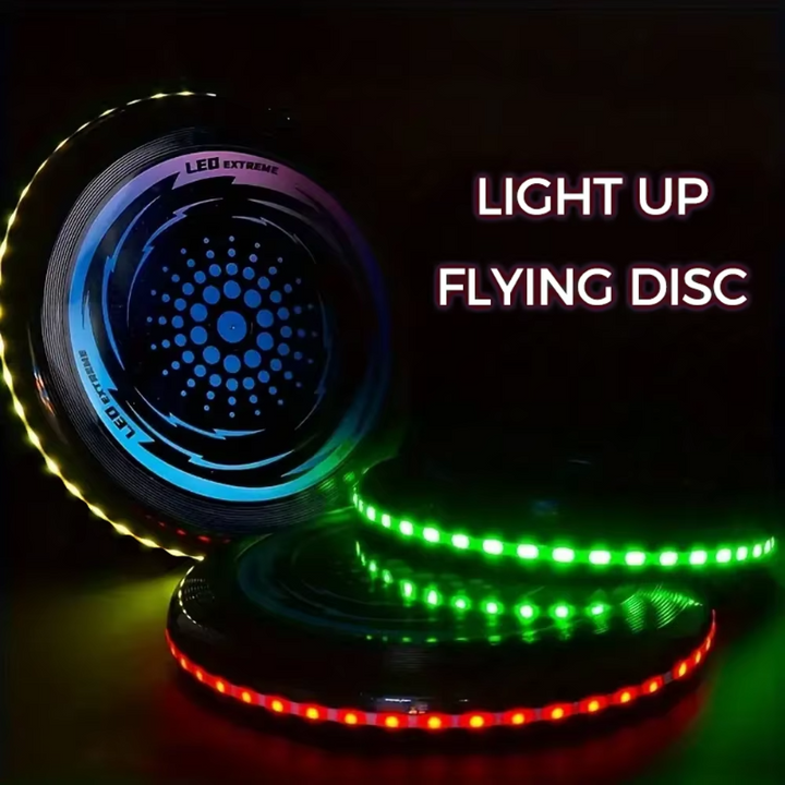 LED flying discs displaying green, red, and multicolor illuminated rims