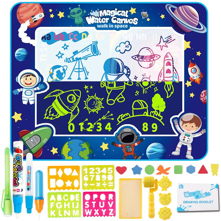 Illuminating Space water drawing mat showing bright drawings, pens, stencils, and a drawing roller