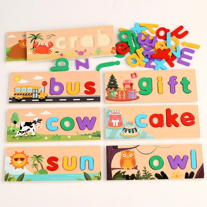 Illustrated word boards for crab, bus, gift, cow, cake, sun, and owl with colorful wooden letters