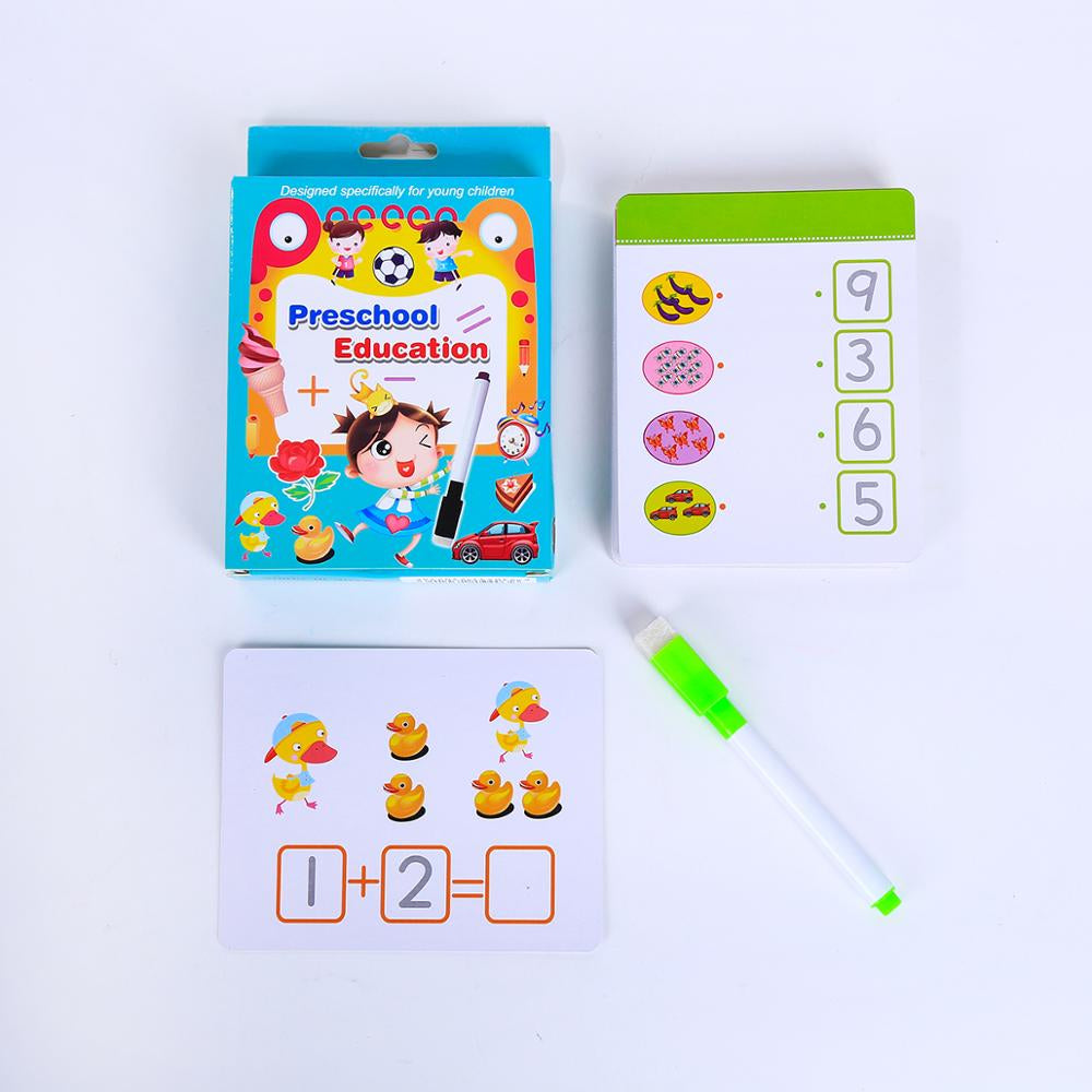 Illustrated counting and addition cards with a green pen and blue box