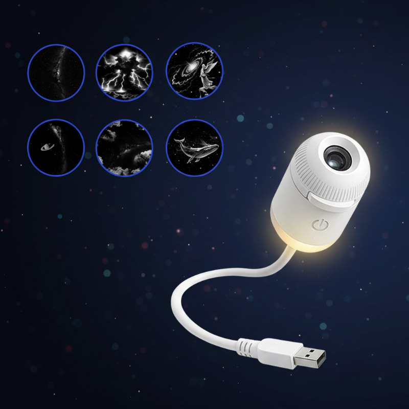White USB galaxy lamp with six illustrated projection disc previews