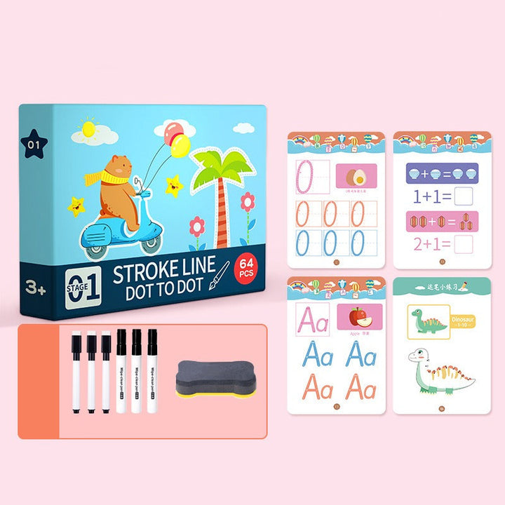 Indirect-line workbook with curved paths, letter-tracing examples, number activities, markers, and an eraser.