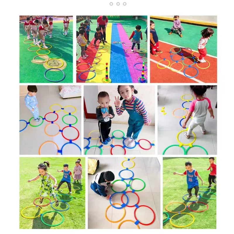 Children playing on colorful hoop courses indoors, on grass, and on an outdoor play surface