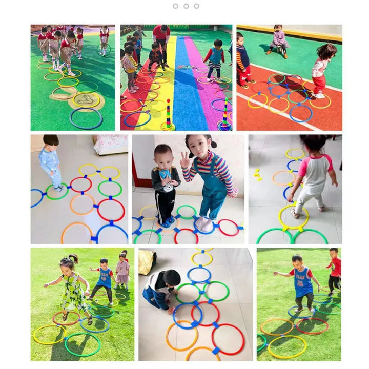 Children playing on colorful hoop courses indoors, on grass, and on an outdoor play surface
