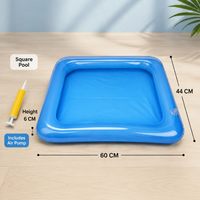 Blue inflatable pool measuring 60 x 44 x 6 cm, pictured with an air pump.