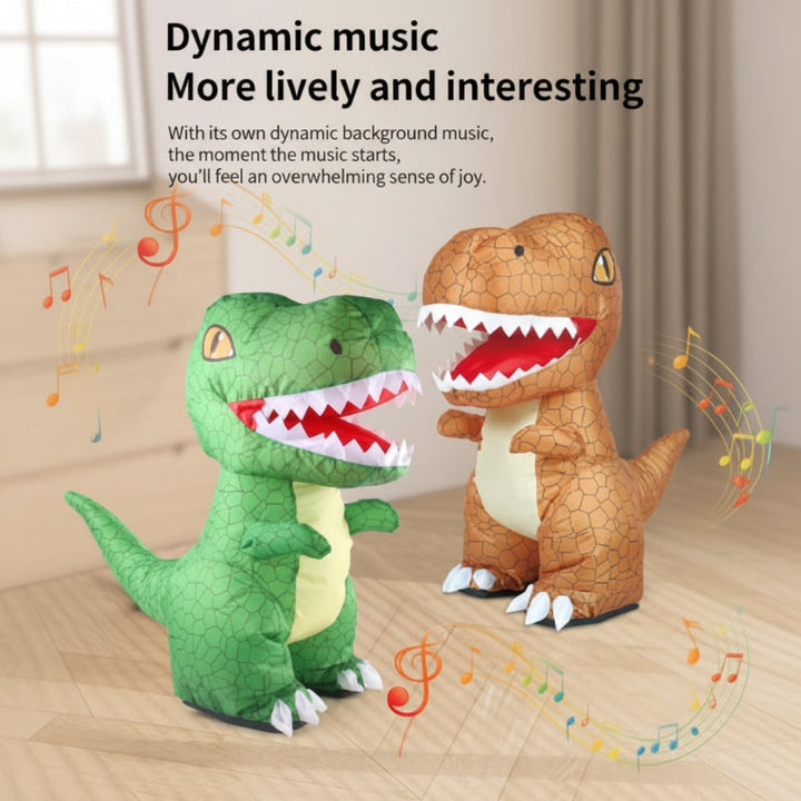Green and brown inflatable dinosaurs with musical notes illustrating built-in background music
