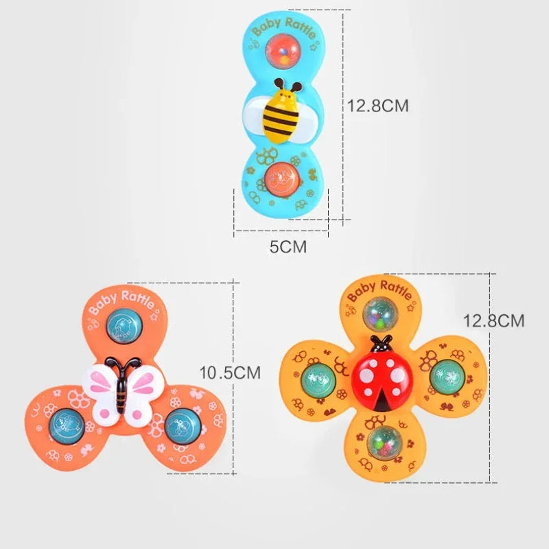 Size chart showing bee, butterfly, and ladybug bath spinners with measurements in centimeters.