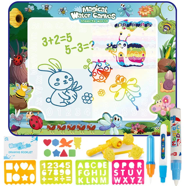 Insect-bordered water drawing mat with a rabbit doodle, water pens, stencils, and a pattern roller