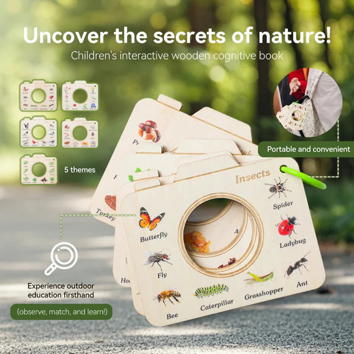 Insect-themed wooden viewing frame with five illustrated nature themes shown