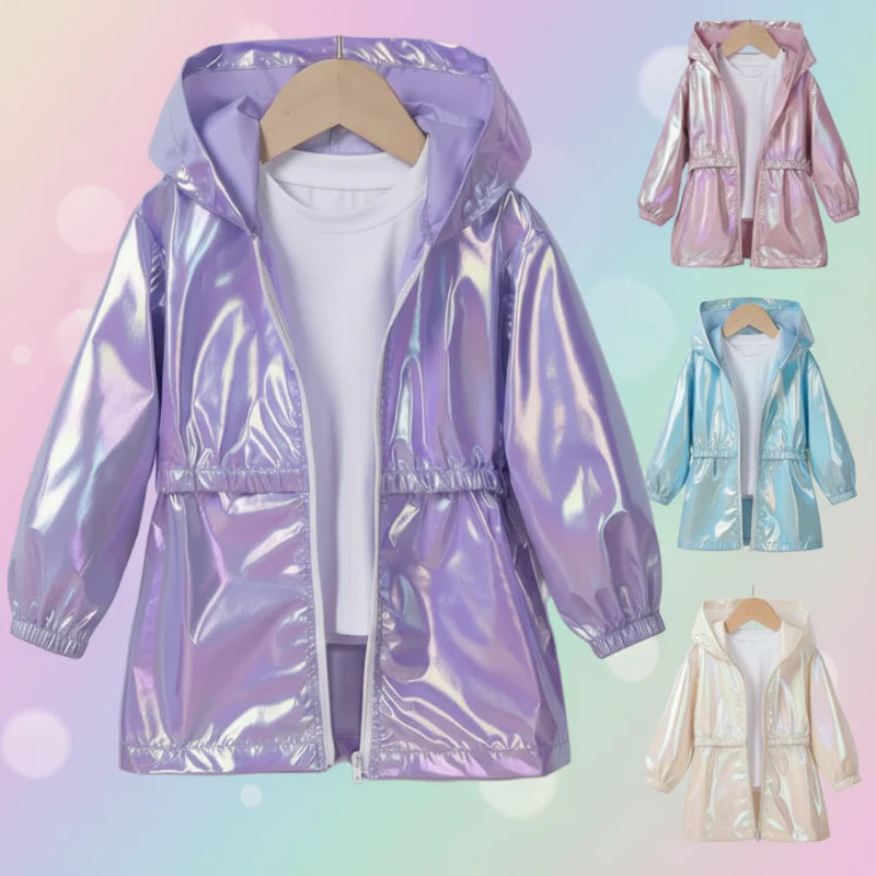 Lavender kids' hooded raincoat with an iridescent finish, shown with pink, blue and beige color options.