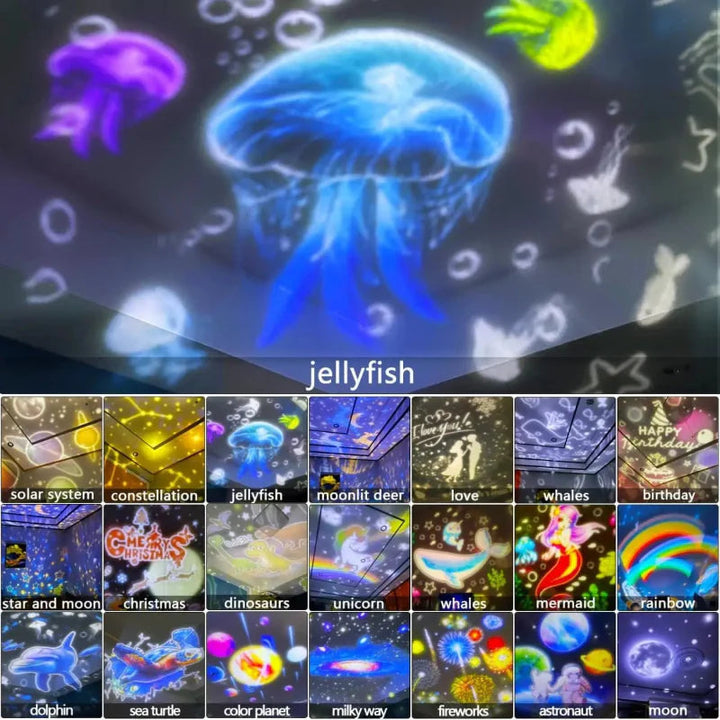 Jellyfish projection above a grid of space, animal, and celebration scenes.