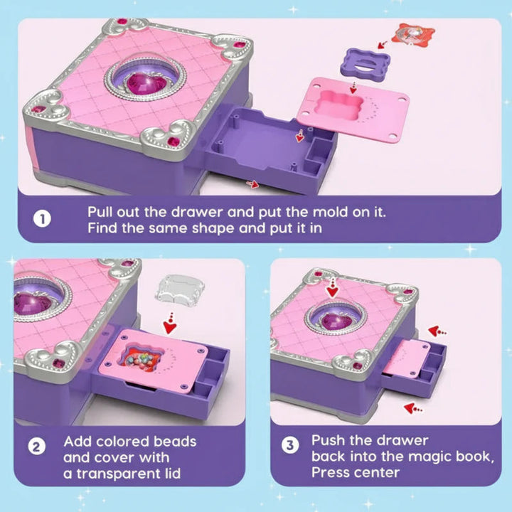Three-step guide to loading a mold, adding beads and a clear cover, and pressing the craft station.