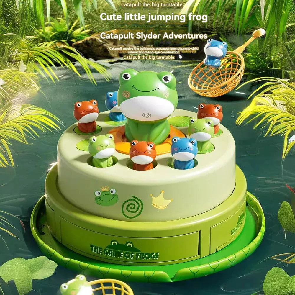 Musical frog game showing a blue frog piece in the raised catching basket