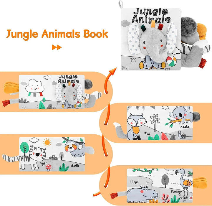 Jungle animal fabric book with an elephant cover and open pages featuring animal illustrations