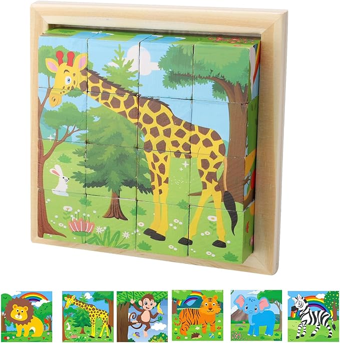 Jungle wooden block puzzle showing a giraffe, with six animal pictures below.
