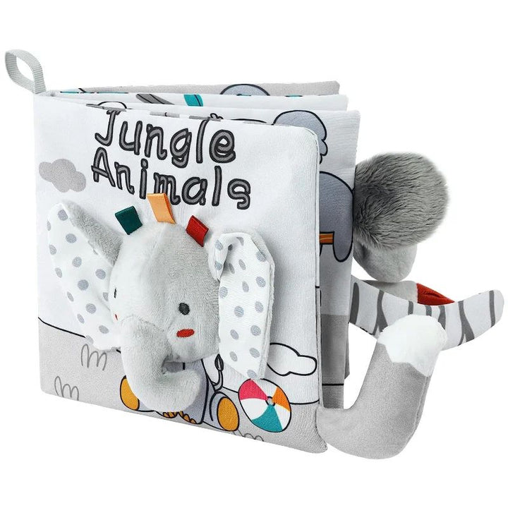 Jungle animal fabric book with a soft elephant cover and layered textured tails