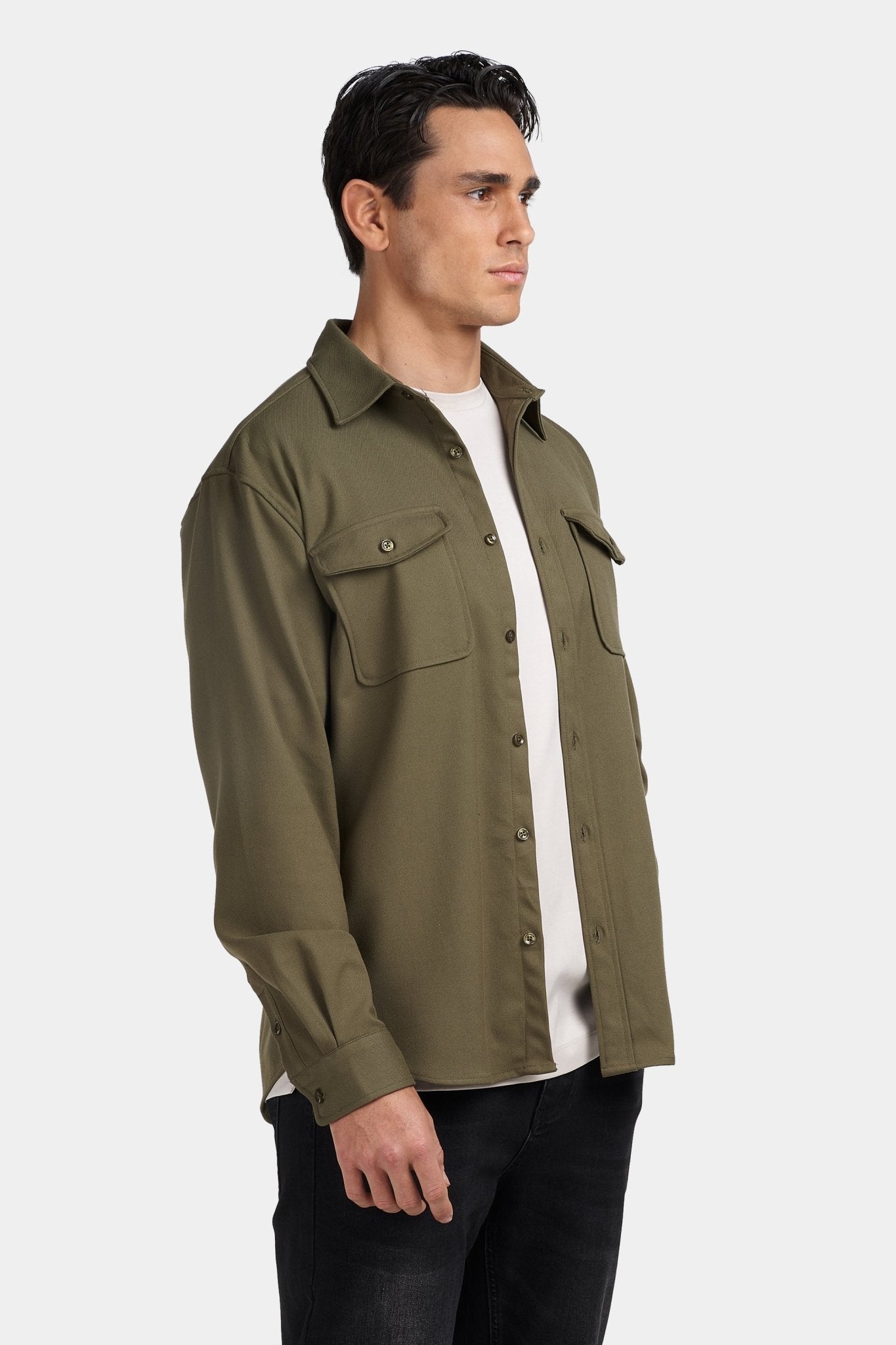 Kalenar — Men's Tailored Stretch Twill Overshirt with Chest Pockets (Army Green S) - Sweater | Zavonix