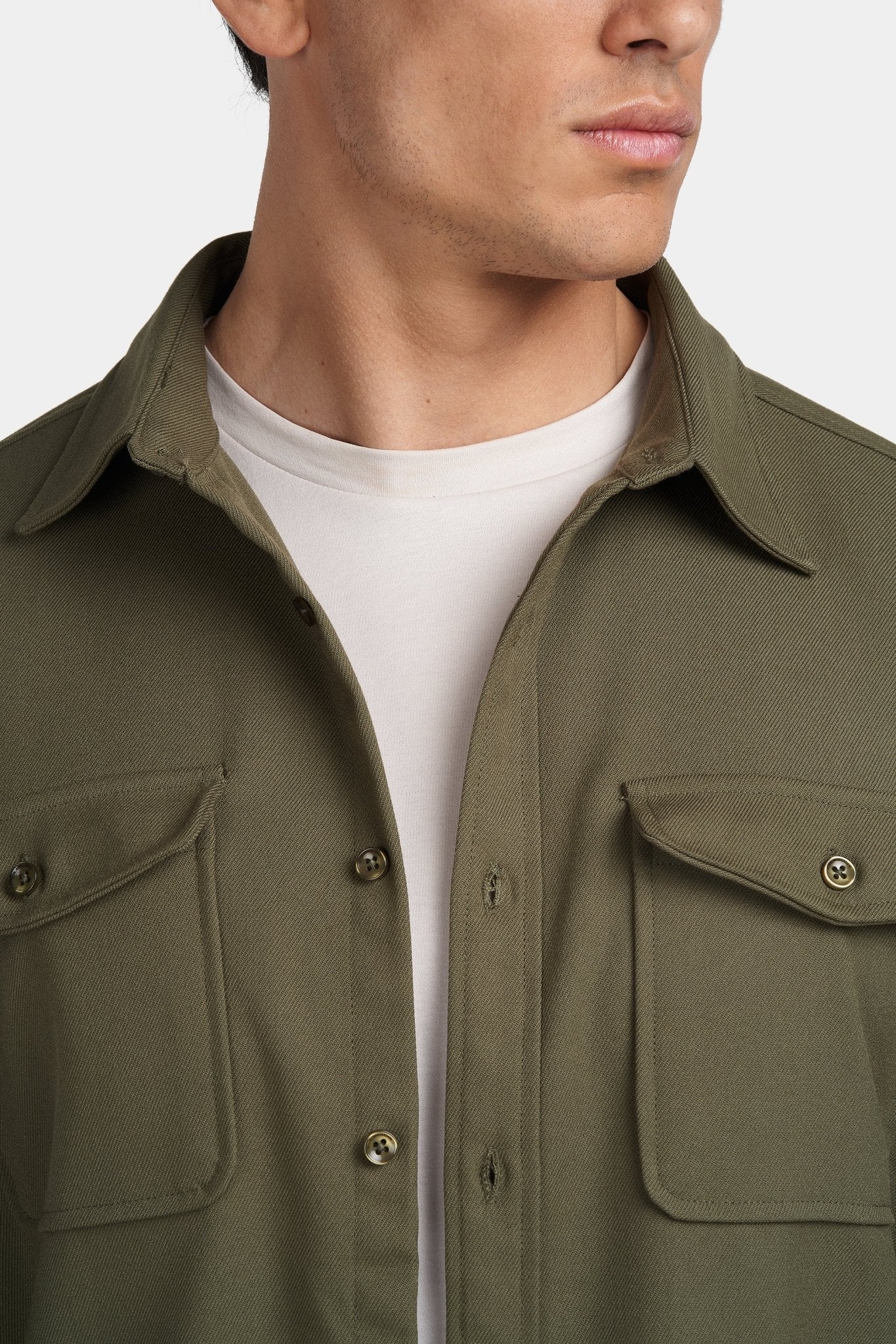 Kalenar — Men's Tailored Stretch Twill Overshirt with Chest Pockets (Army Green S) - Sweater | Zavonix
